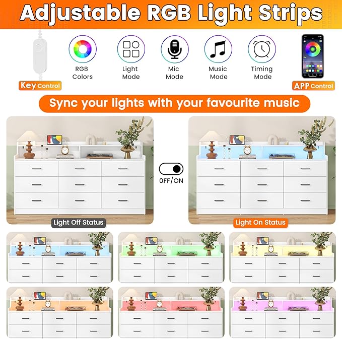 Bigbiglife 9 Drawer Dresser with Built in Power Outlet and LED Light, Modern Chest of Drawers for Bedroom, Triple Wide Drawer Organizer Cabinet for Living Room, Entryway, Hallway, Antique White