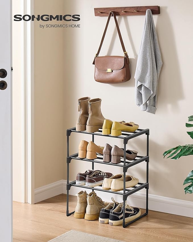 SONGMICS Shoe Rack, 3-Tier Shoe Organizer, Metal Storage Shelf, Upright or Upside Down, for 4-8 Pairs, Stackable, for Entryway, 11.8 x 16.7 x 21.5 Inches, Black ULSA003B01