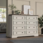 Farmhouse 8 Drawer Dresser for Bedroom, 54" Wide Wood Dresser with Natural Texture, Vintage Metal Double Hand Knobs, Rustic Chest of Drawers for Bedroom, Living Room, Hallway, Antique White