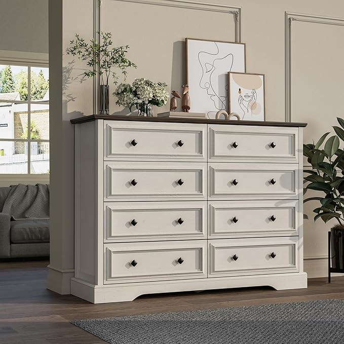Farmhouse 8 Drawer Dresser for Bedroom, 54" Wide Wood Dresser with Natural Texture, Vintage Metal Double Hand Knobs, Rustic Chest of Drawers for Bedroom, Living Room, Hallway, Antique White