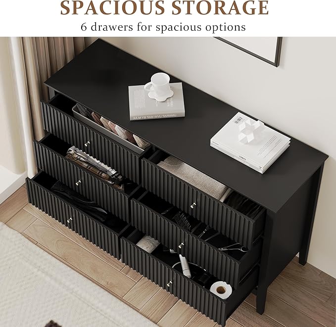 RoyalCraft Black 6 Drawer Dresser, Fluted Modern Wood Dresser, Double Chest of Drawers for Bedroom, TV Stand Storage Cabinet for Living Room