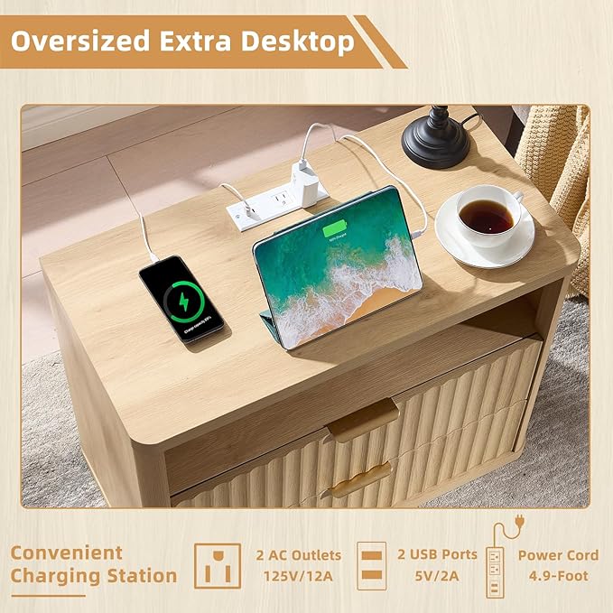 LEYAOYAO 31" Wide Fluted Nightstand Set of 2 with Charging Station, Oversized Extra Large 2 Drawers Night Stand,Natural Wood Bedside Table,Tall End Tables,Modern Chest of Drawers Dressers for Bedroom