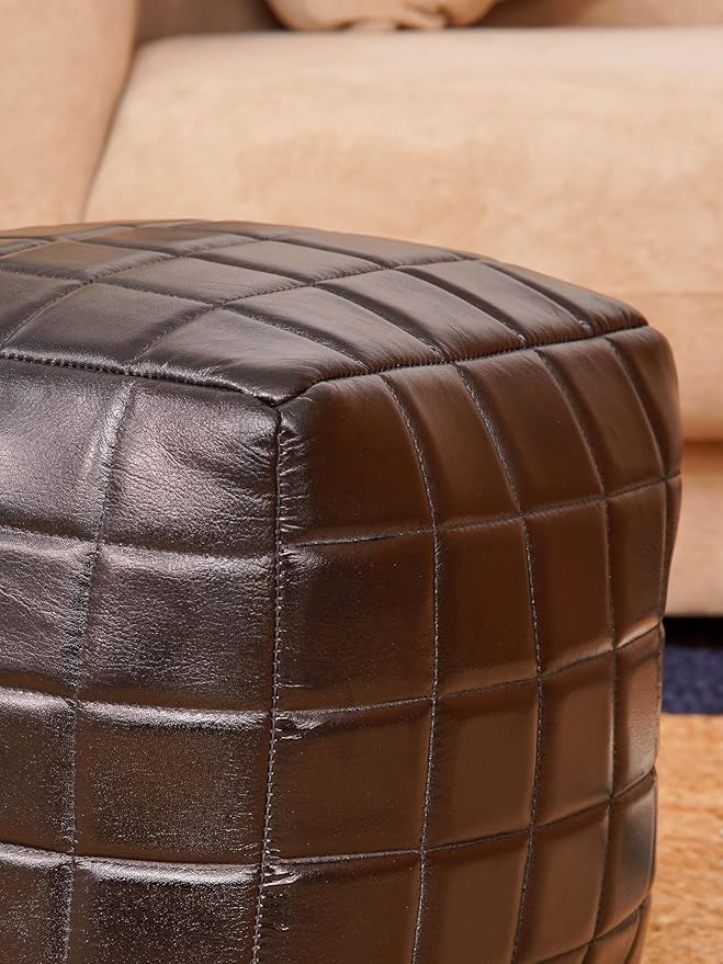 Handmade Eco-Friendly Geometric Leather Pouf Black Color Square 16" x 16" x 16" Goat Leather Pouf for Living Room, Bedroom Seating, Patio