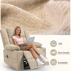 360° Rotating Adult Rocking Recliner, Baby Room Glider with Massage and Heating Functions, Rocking Chair with Cup Holder, Manual Recliner for Living and Bedroom (Fabric, Khaki)