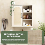 RUSTOWN Boho Rattan Wall Cabinet, Midcentury Bathroom Cabinet with Sliding Door, Adjustable Shelves, Over The Toilet Storage Cabinet (Vintage White)