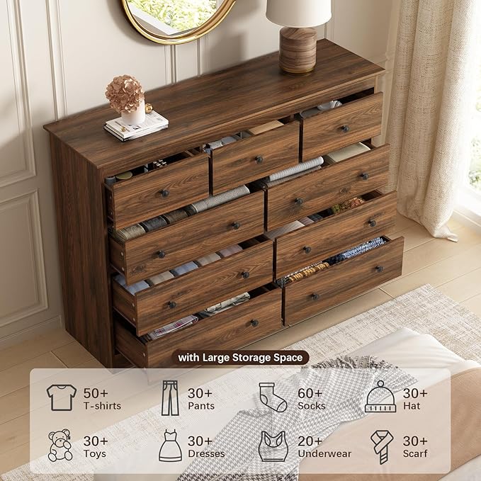 LYNSOM Modern 9 Drawer Dresser, 55.1" Wide Dressers & Chests of Drawers with Large Capacity Storage, Wood Mid Century Storage Dressers Organizer for Bedroom, Hallway, Brown