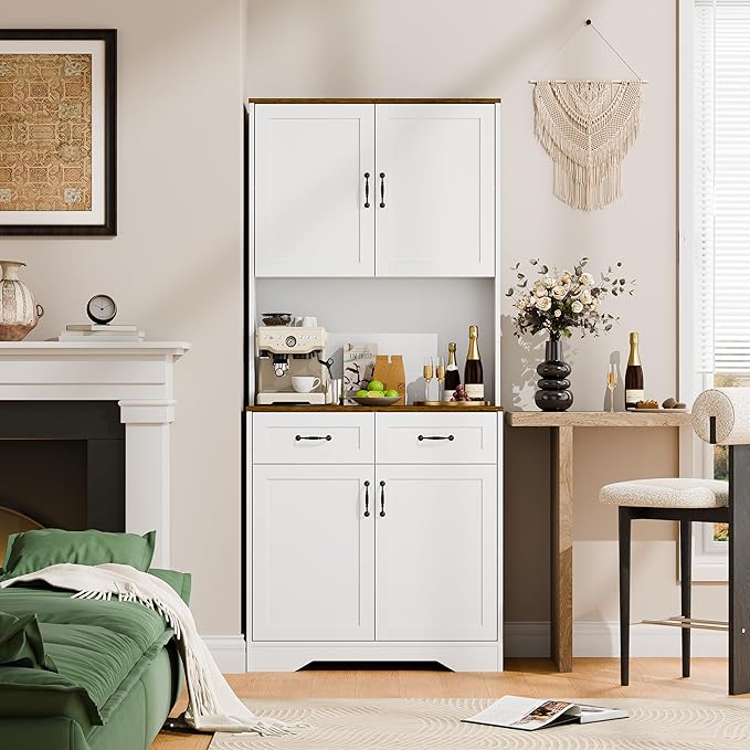 Cozy Castle Pantry Cabinet, Farmhouse Kitchen Hutch Cabinet with Storage Drawers Freestanding Coffee Bar Liquor Sideboard Large Countertop Cupboard for Dining Room, Living Room, 71'' Tall White
