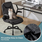 YFO Leather Office Ergonomic Home Office Desk Chair, Back Support Swivel Executive Office Chair with Wheels and Flip-Up Armrests, Small Gaming Chair with Adjustable Rocking Function, Black