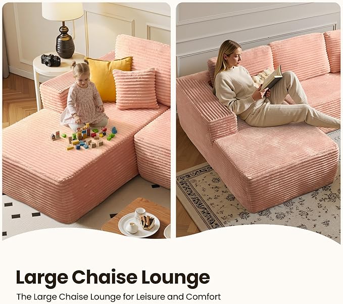 104" Cloud Sectional Couch with Chaise, Boneless L-Shaped Cloud Couch with Deep Seat, Soft Plush Modern Minimalist Sofa, Assembly Free Comfy Sofa for Office Living Room Apartment(Pink, Left Chaise)