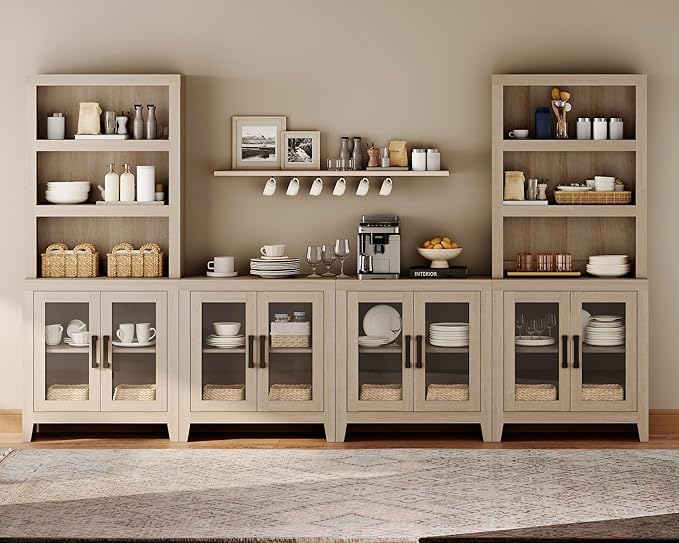 WAMPAT Farmhouse Entertainment Center with Bookshelves, 4-Piece Modular TV Stand with Storage Towers, Glass Doors, Open Shelves, Media Console for Living Room, Home Theater, Beige