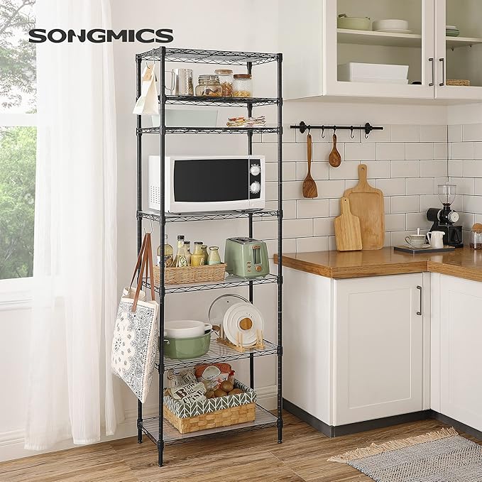 SONGMICS 7-Tier Storage Unit, Wire Shelving, Kitchen Metal Rack With Adjustable Shelves, Shelf Liners, 8 Hooks, for Garage, 13.4 x 23.2 x 70.9 Inches, Black ULGR067B01