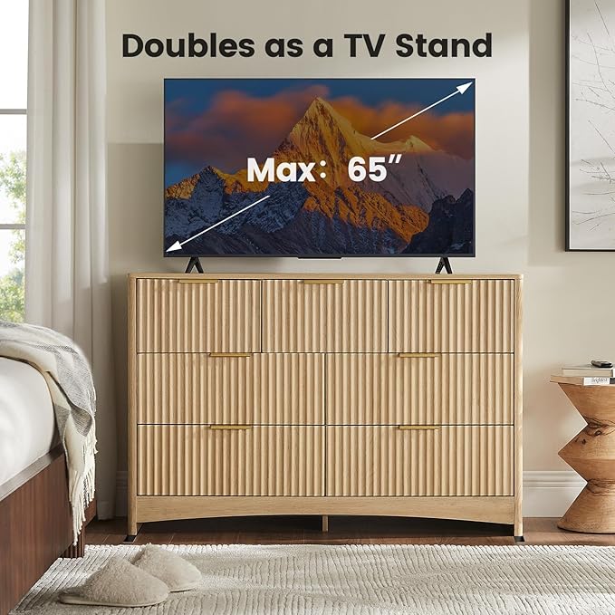 Amada Modern 7 Drawer Dresser, Fluted Wood Chest of Drawers with Rounded Corners, Pre-Installed Drawer Slides, Dresser TV Stand and Storage Organizer for Bedroom or Hallway in Natural Oak
