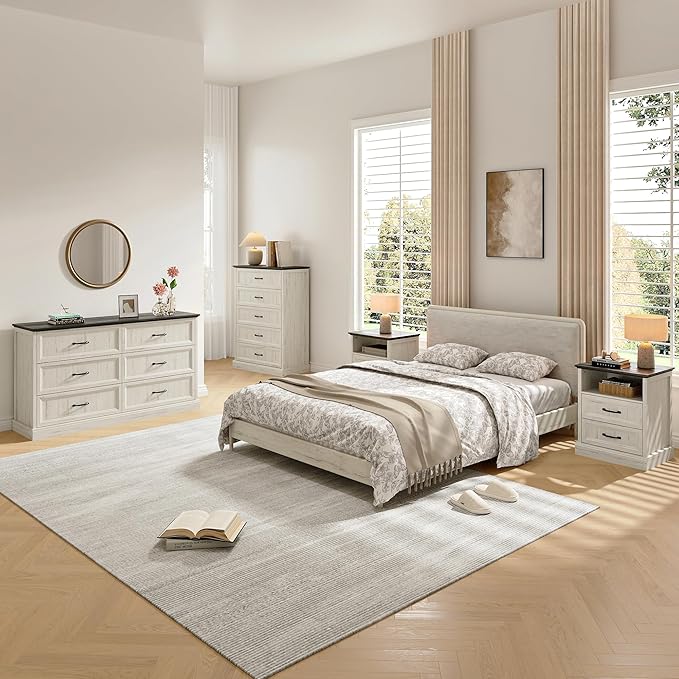 Farmhouse Dresser and Nightstand Sets, 4Pcs Bedroom Furniture Set, Nightstand Set of 2 & 55" Wide 6 Drawer and 44" Tall 5 Drawer Dresser with Large Drawers & Bar Handles, White