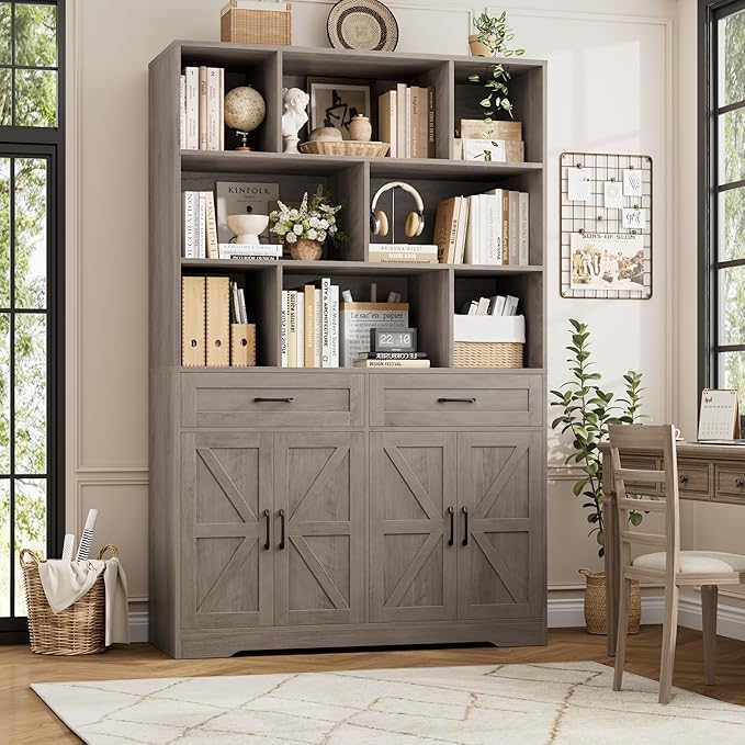 HOSTACK 71" Tall Bookcase with Drawers and Doors, 47" Wide Book Shelf and Bookcase with Storage, 6 Tier Large Book Storage Cabinet with 14" Deep Display Shelves for Living Room, Home Office, Ash Grey