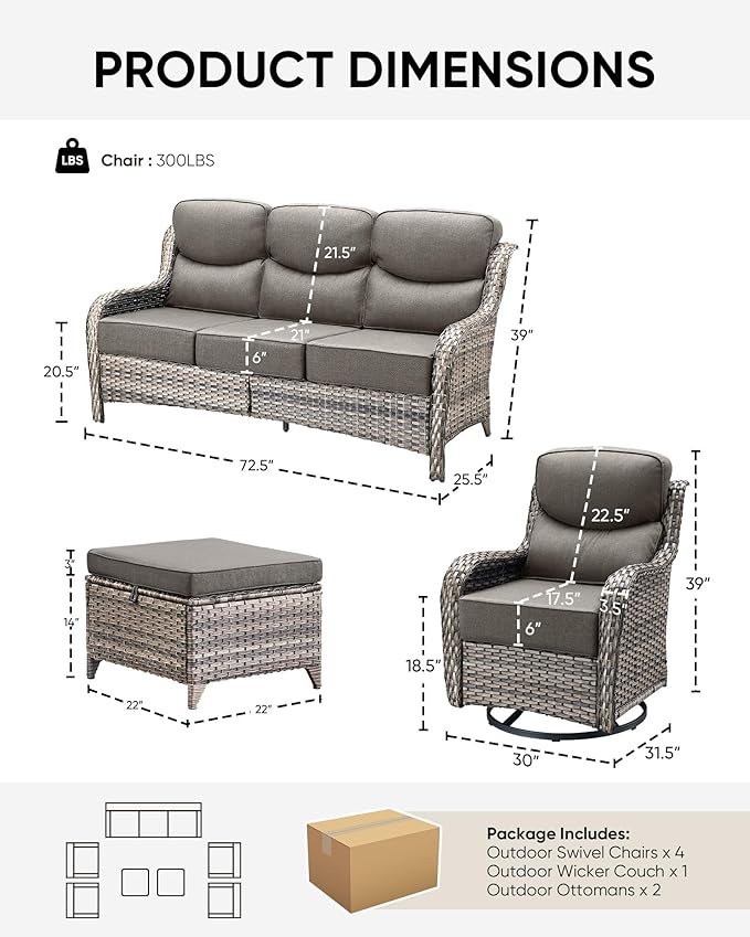 HUMMUH 7 Pieces Wicker Patio Furniture Set with Patio Swivel Chairs Set of 4,High Back Outdoor Sofa Ottomans,6 Inch Thick Cushions Outdoor Conversation Set for Porch, Balcony, Deck