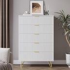 5 Drawers Dresser for Bedroom, 47" Tall Modern Chest of Drawers with Gold Handle, Fluted Wood Dresser for Bedroom, Living Room, Hallway, Entryway, White