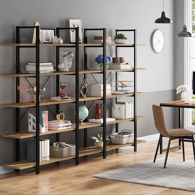 Tribesigns 5-Tier Bookshelf, Vintage Industrial Style Bookcase 72 H x 12 W x 47L Inches (Beige)