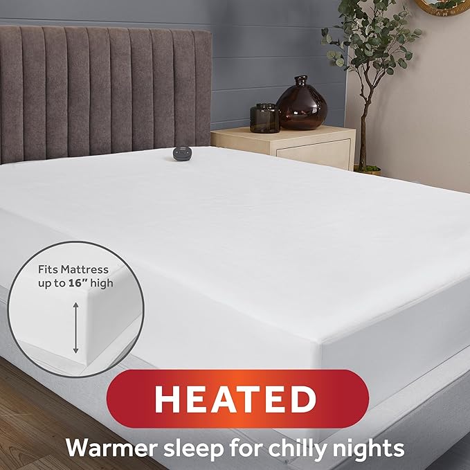 Sunbeam Electric Heated Mattress Pad Soft Cozy Fabric Fast Heating 12 Heat Settings 12-Hour Auto Shut-Off Deep Pocket Skirt Machine Washable Twin 75" x 39"