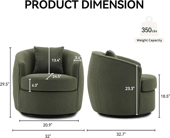 Swivel Accent Chair Set of 2, Modern Upholstered Boucle Barrel Arm Chairs with Pillow for Living Room, 360 Degree Round Swivel Sherpa Armchair with Round Base for Bedroom Club (2, Green)