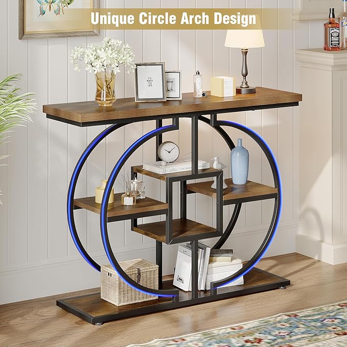 GiftGo Narrow Console Table for Entryway Industrial 4-Tier Sofa Table Behind Couch with Circle Base Rustic Wooden Accent Tables with Storage Shelves for Living Room, Hallway, Foyer (Brown)