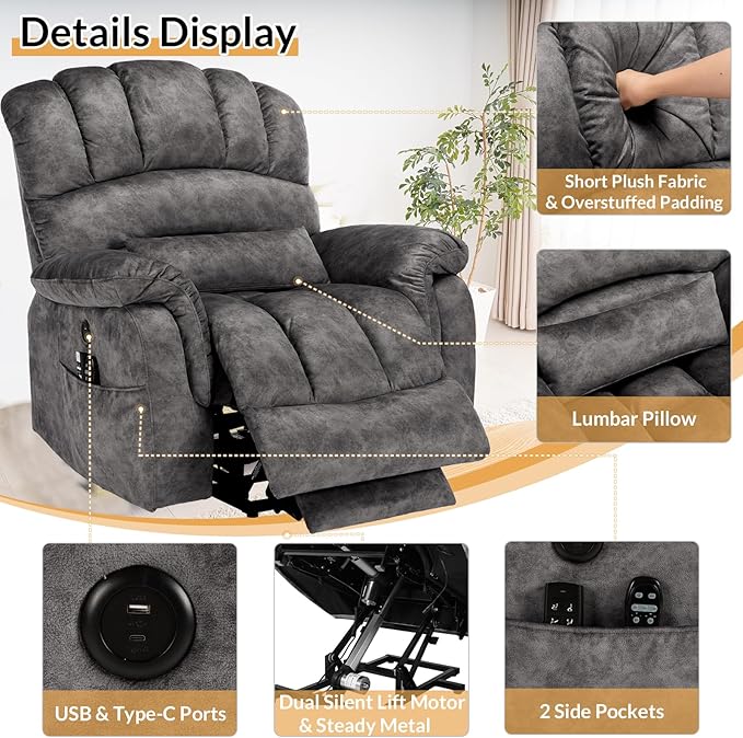 Tall Man Oversized Dual Motor Power Lift Recliner w/Heat Massage, Large Lay Flat Sleeper Electric Recliner with Extended Footrest for Elderly, Lumbar Pillow, USB & Type-C Ports, Plush-Gray