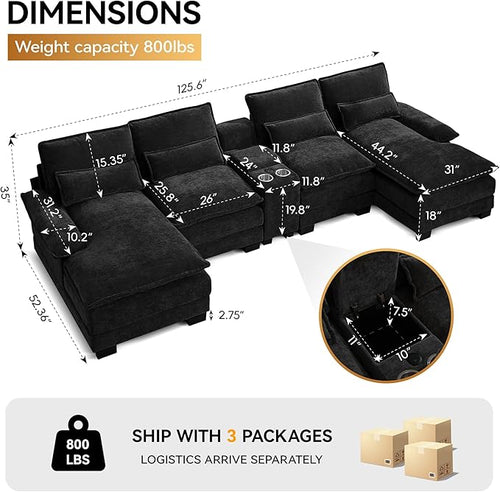 125'' U Shaped Cloud Modular Sofa with Chaise Lounges, Chenille Upholstered Comfy Sectional Couch with Storage Console, USB Charging Ports & Cup Holders, Small Deep Seat Sofa for Living Room, Black