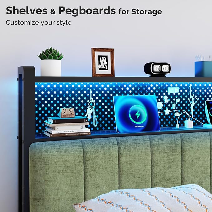 VINGLI Queen Size Headboard Only, Adjustable Upholstered Headboard with 2 Tier Shelves and Pegboard with Charging Stations and LED Lights, Modern Bed Headboard with Storage for Bedroom Decor