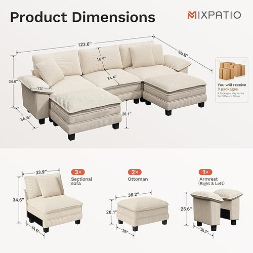 123-Inch U Shaped Sectional Sofa with Cloud Cushions, Deep Seat Modular Couch Set w/ 5 Seats & 2 Ottomans, Removable Arms, Plush Corduroy Upholstery for Living Room, Apartment - Beige