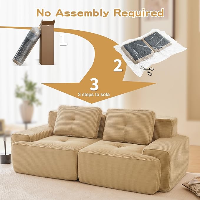 80.3” Camel Boneless Couches for Living Room, Modular Sectional Sofa, 2 Seater Comfy Upholstered Loveseat Deep Seat Corduroy Fabric Cloud Couch No Assembly, Anti-Slip Design