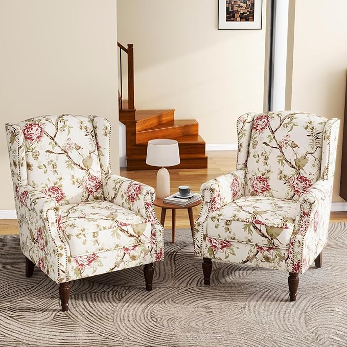 UIXE High Back Accent Chair, Fabric Upholstered Armchair for Living Room, Floral Printed Wingback Arm Chair with Solid Wood Legs, Retro Nailhead Trim Single Sofa Bedroom Reading Seat - Beige