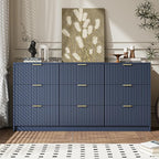 3-Piece Dresser Bedroom Set, 9 Drawer Dresser & 3 Drawer Nightstands with Gold Handles, Fluted Wood Chest of Drawers for Bedroom, Living Room, Entryway, Navy Blue
