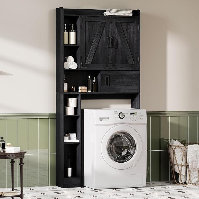ChooChoo Over The Toilet Storage Cabinet, Farmhouse Bathroom Storage Cabinet with Sliding Door, Over Toilet Storage with Adjustable Shelves, Space-Saving, Black