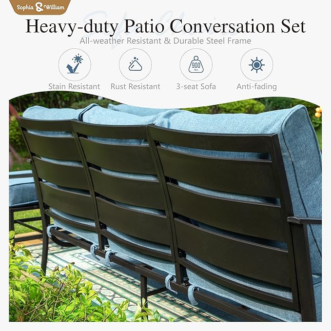 Sophia & William Patio Furniture Sets for 5 Outdoor Metal Conversation Sets 5 Pcs with 2 x Cushioned Swivel Sofa Chairs, 2 x Ottomans as Coffee Table, 1 x 3-Seat Sofa, Lawn Backyard Poolside Navy