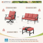 Patio Furniture Set 5 pcs, Outdoor Patio Furniture, 3-Seat Sofa, 2 Swivel Chairs, 2 Ottomans and 5.75" Extra Thick Cushion, Patio Conversation Set for Garden Backyard Deck,Red
