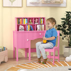Costzon Kids Desk and Chair Set, Wooden Children Study Desk w/Hutch, Large Cabinet and Drawer for Home School Writing, Reading & Drawing, Computer Workstation Student Table and Chair for 3+ (Pink)