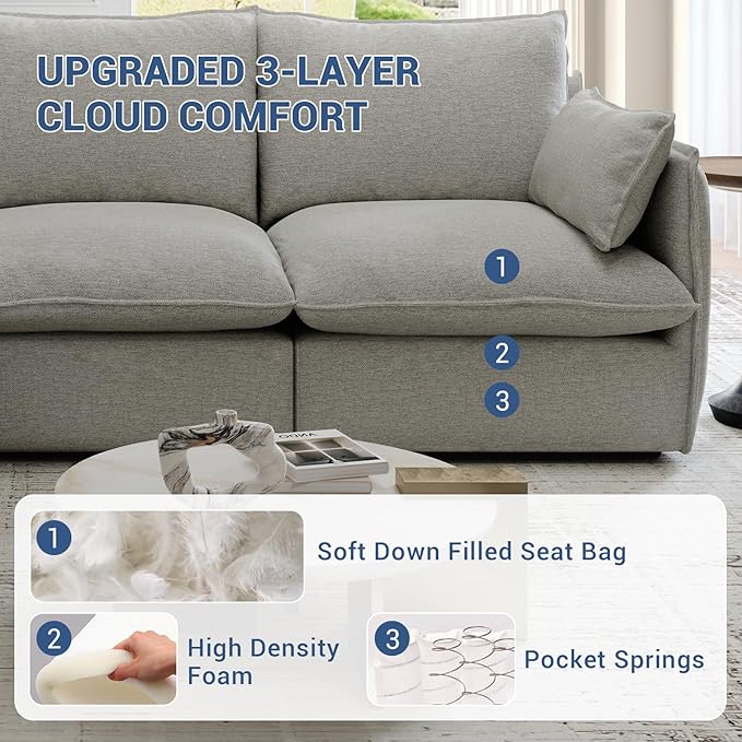 Cloud Movable Ottoman, Waterproof Down Filled Modular Sectional Sofa, High Backrest Sectional Couches for Living Room, Modern Modular Couch with Removable Cover, Light Gray