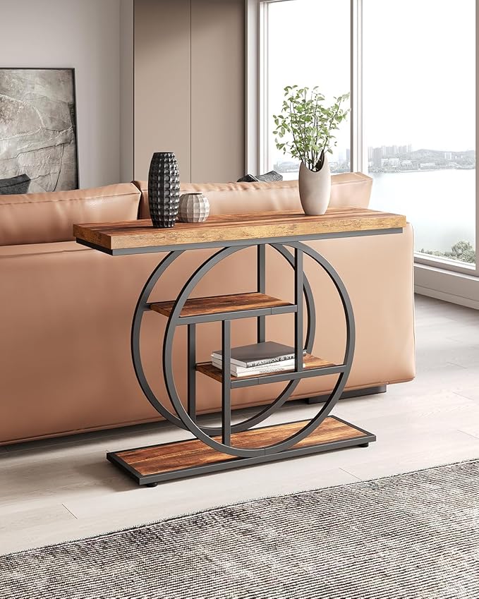 LITTLE TREE Console Table, 4-Tier Entryway Table, 41.3-Inch Industrial Sofa Table for Living Room, Foyer Hallway Table for Entrance, Rustic Brown and Black