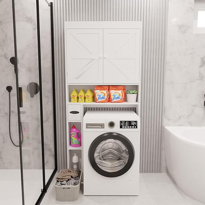 Over-The-Toilet Storage Cabinet - 2 Door Bathroom Organizer with Adjustable Shelves, Farmhouse Style Space-Saving Rack for Bathroom, Toilet, Laundry Room (White)