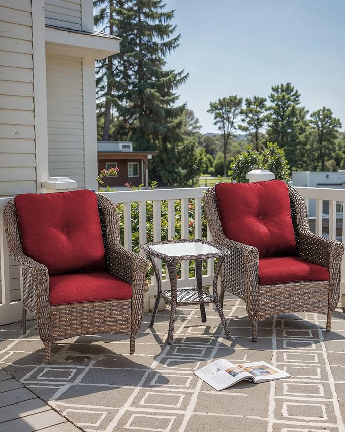 Patio Wicker Chairs Outdoor Furniture Chair - Set of 2 Outside All Weather Lawn Dining Brown Rattan Armchair with High Back&Deep Seating for Deck Porch Balcony Backyard Garden - Red