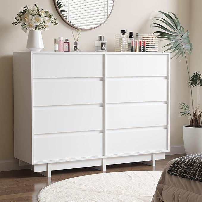 White Dresser for Bedroom, 53.1" Wide 8 Drawer Dresser, Mid Century Modern Dressers Chest of Drawers, Wooden Large Dressers for Bedroom, Closet