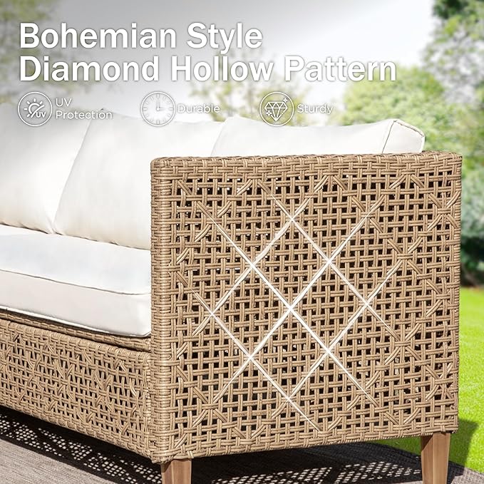 PHI VILLA Wicker Patio Furniture Set, Sectional Outdoor Sofa with Cushions and Acacia Wood Coffee Table, L-Shaped Small Patio Conversation Set, Beige