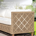 PHI VILLA Wicker Patio Furniture Set, Sectional Outdoor Sofa with Cushions and Acacia Wood Coffee Table, L-Shaped Small Patio Conversation Set, Beige