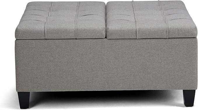 SIMPLIHOME Harrison 36 inch Wide Transitional Square Coffee Table Storage Ottoman in Dove Grey Linen Look Fabric, Assembled, for the Living Room and Bedroom