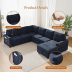 Vesgantti 113.6" Pull Out Sofa Bed with Chaise, 7 Seater U Shaped Sleeper Sofa with Storage Chaise, Comfy Chenille Modular Sectional Couch for Living Room, Bedroom, Apartment, Blue