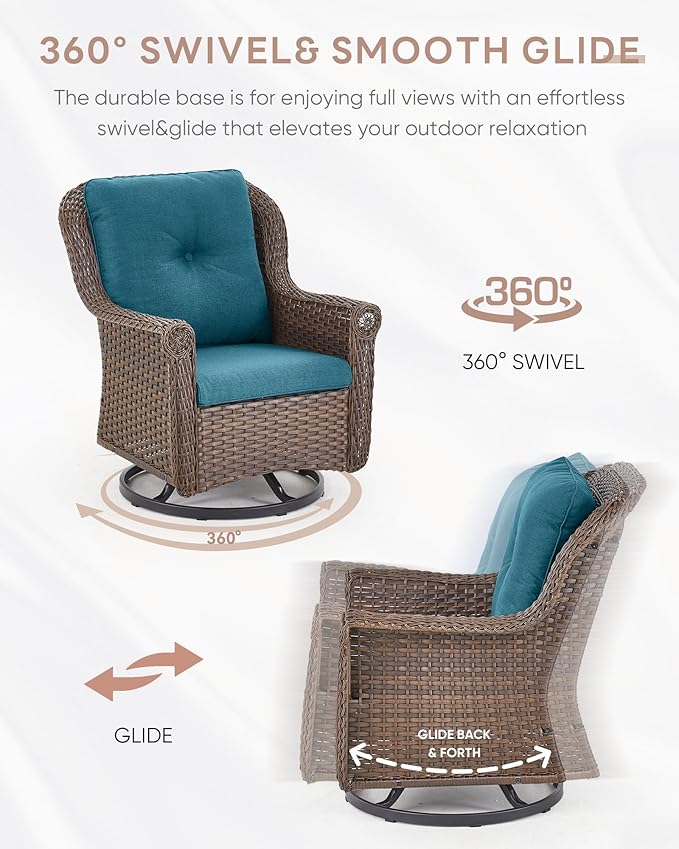 3 Piece Patio Swivel Chairs and Side Table Set - High Back Outdoor Brown Wicker Rattan Rocking Glider with Thick Cushions for Porch Apartment Deck Yard Poolside Garden - Peacock Blue