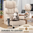 Office Desk Chair, Big and Tall Leather Gaming Chair with Footrest, Wide Ergonomic Comfy Executive High-Back Reclining Computer Chairs, Swivel Rolling Wheels and Padded Lumbar Support, Beige