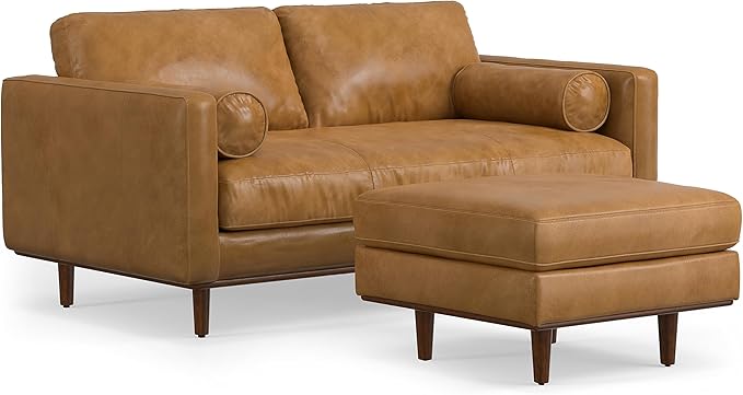 SIMPLIHOME Morrison Mid-Century Modern 72 inch Wide Sofa with Ottoman Set in Sienna Genuine Leather for the Living Room and Family Room