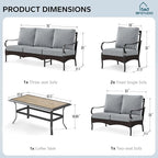 MFSTUDIO 5 PCS Outdoor Patio Furniture Set, Metal Outdoor Conversation Set, Rattan Wicker Patio Sectional Sofa Set with 2 x Fixed Single Sofa, 2-Seat and 3-Seat Sofa, 1 x Coffee Table, Grey