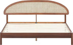NTC Gem Wooden Bed Frame with Headboard and Natural Rattan, Solid Oak/Rubber Wood Foundation with Silent Slats, 1000 Lb Capacity, Effortless Assembly (Natural Cane - Dark Walnut, King)
