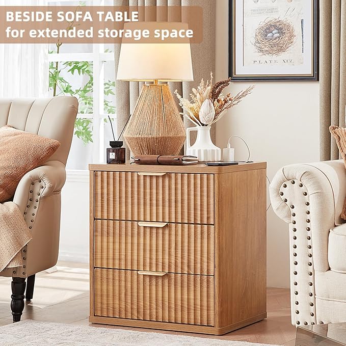 LEYAOYAO 23" Wide Fluted Night Stand with Charging Station, 3 Drawers Large End Table with Storage, Brown Nightstand Wood Bedside Tables, Farmhouse Cabinet Dresser for Bedroom, Living Room,Closet